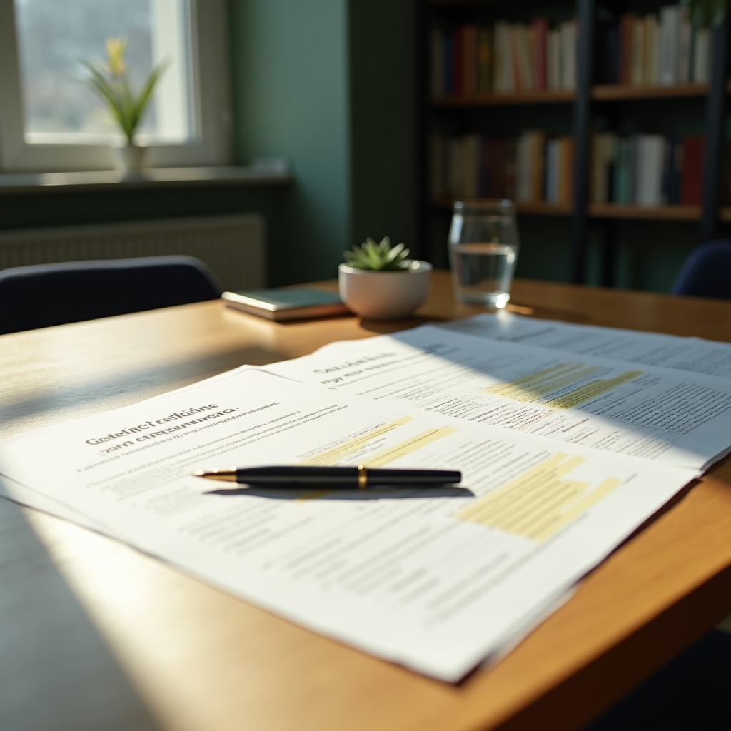 Consumer rights documents laid out on a clean desk with a pen and notebook