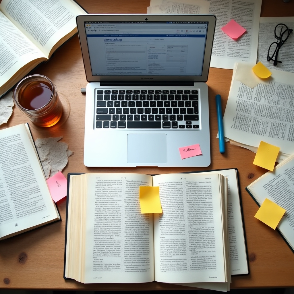 Open legal books and documents spread on a research desk with highlighted text and sticky notes