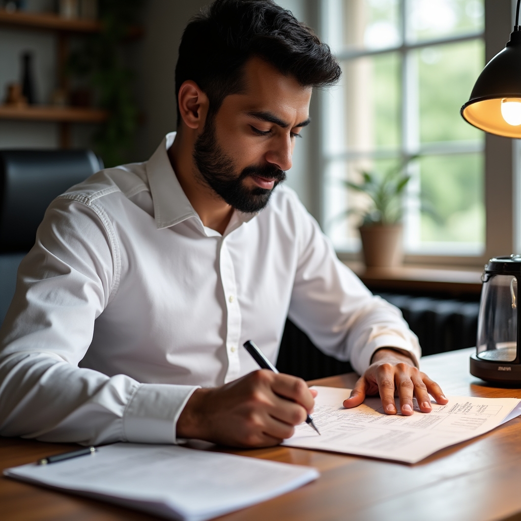 Person writing a formal complaint letter at a desk with consumer goods and receipt visible nearby