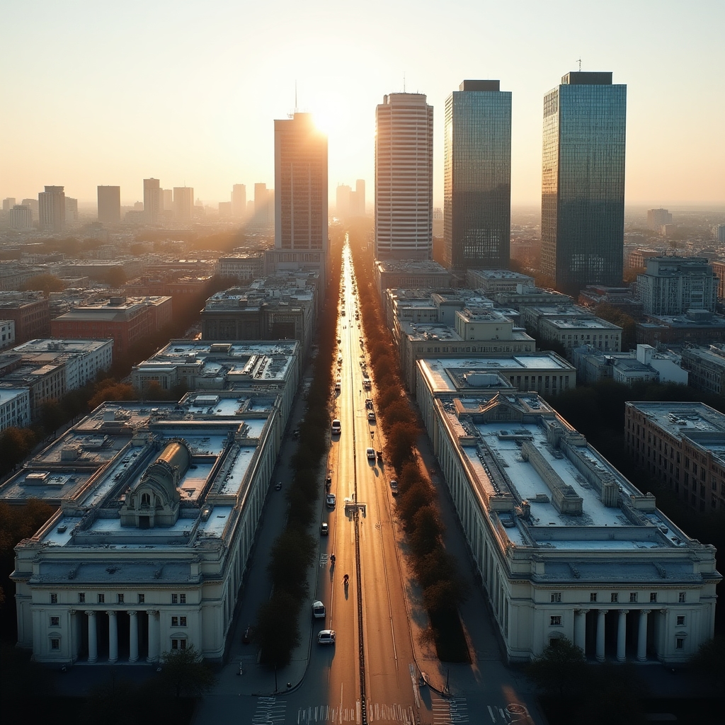 Aerial view of Warsaw's central business and legal district with modern architecture